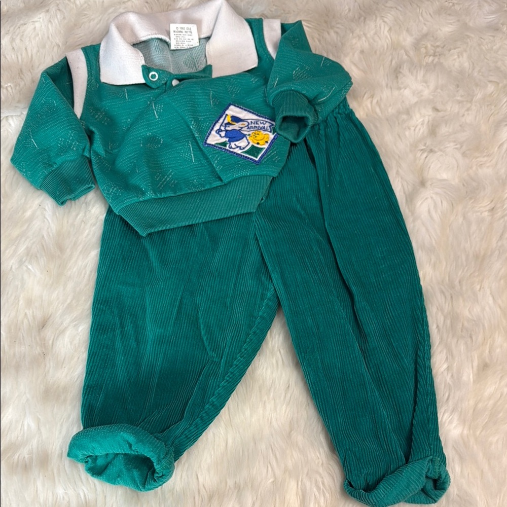 Vintage 90s Set 2 piece Teal Corduroy Baby Outfit Green Mix Size 6/9 and 18 Y2K